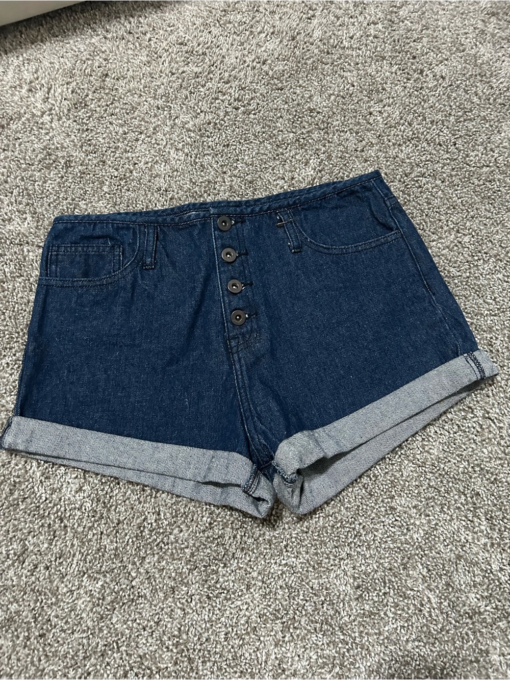 Forever 21 Dark Blue Button-Front Denim Cuffed Shorts